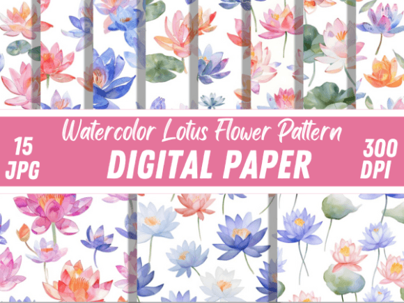 Download Watercolor Lotus Floral Paper Pattern - Premium Bundle